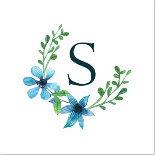 Floral Monogram S Pretty Blue Flowers Posters and Art